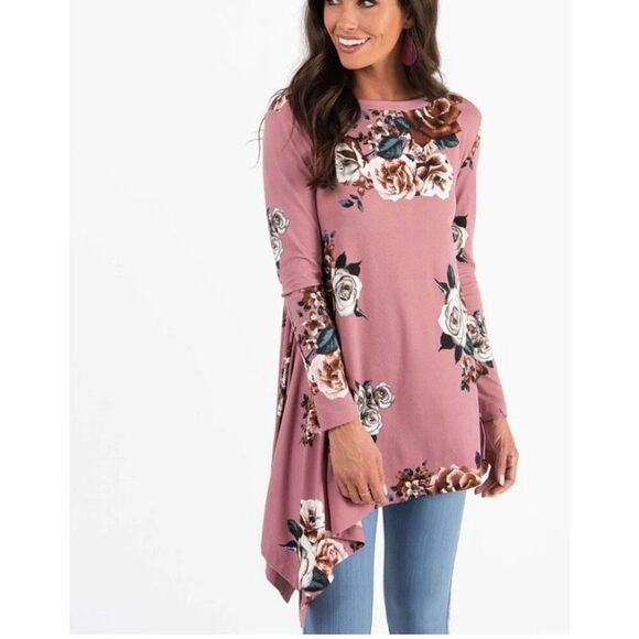 Agnes & Dora Tops - AGNES & DORATM Asymmetrical Tunic Baby Suede Mauve Floral Sz Small NWT/001